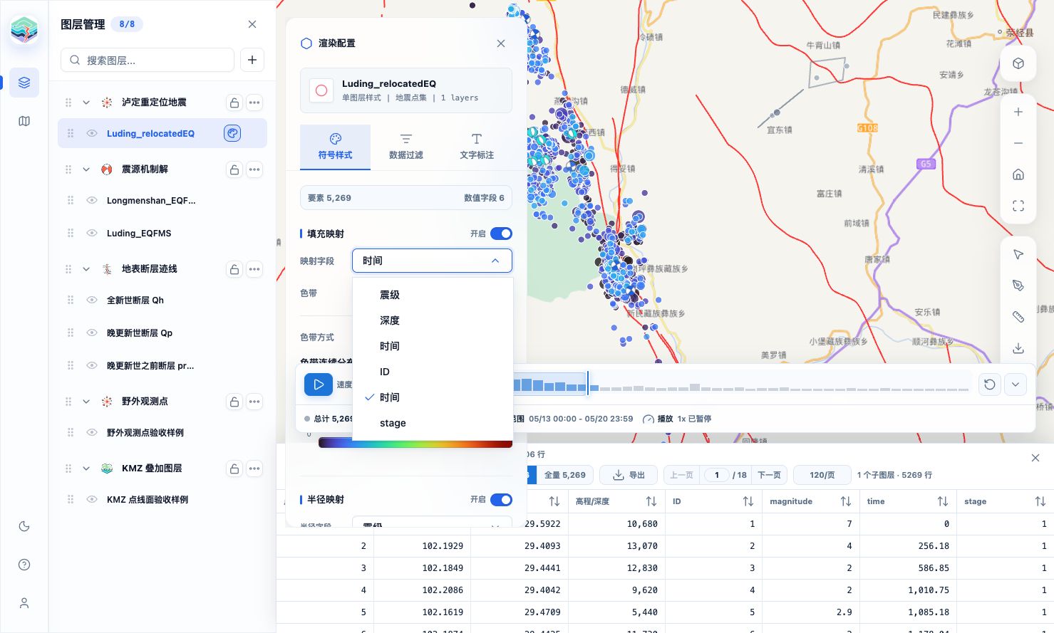 系统截图:底部分割式数据表、地图和渲染面板联动