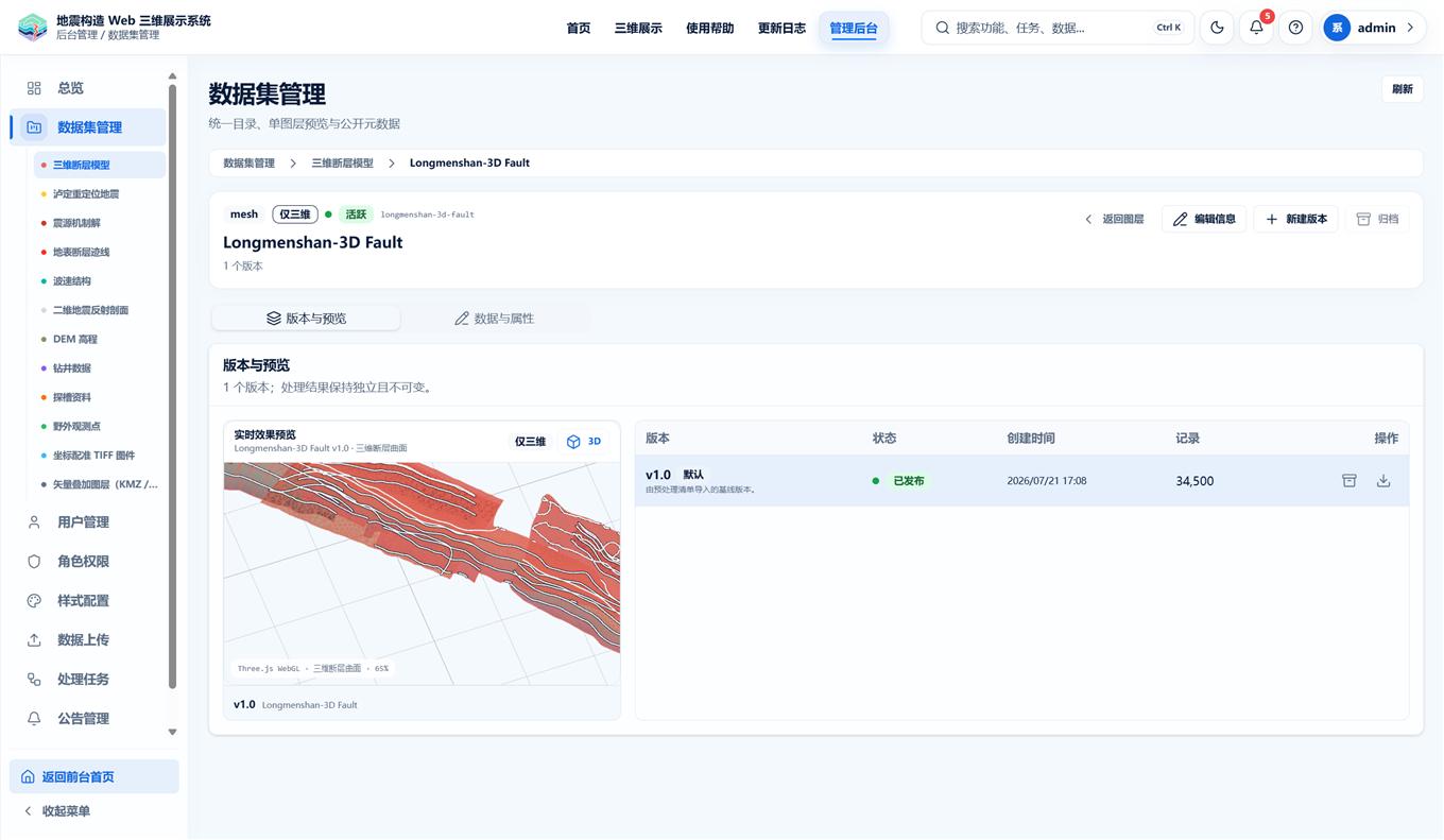 数据集管理中的龙门山三维断层版本预览，使用 Three.js 实时渲染