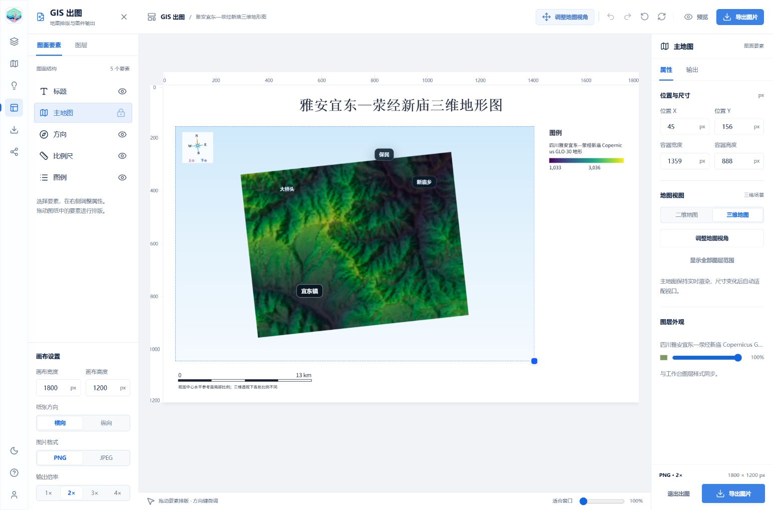 GIS 出图工作台：左侧要素、中间图纸与右侧属性，展示真实雅安 DEM 数据